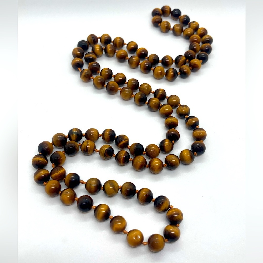 Vtg Tigers Eye Stone Round Knotted Bead Endless Beaded Necklace | 32” L